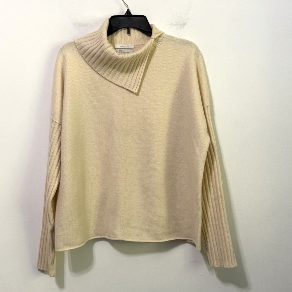 Nordstrom Signature Split Turtleneck Cashmere Sweater L Long Sleeve Cream Winter